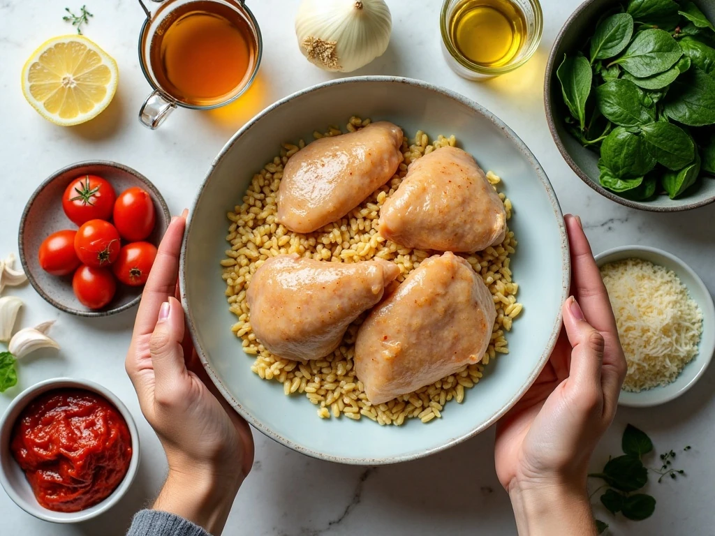 Ingredients for easy one-pot Italian chicken and orzo