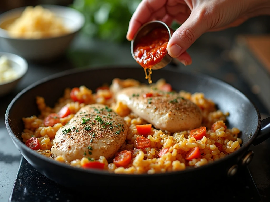 Chicken and orzo cooking together in one deep skillet