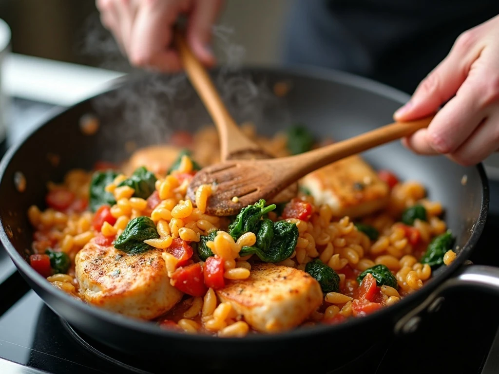 Stirring orzo during one-pot chicken dinner preparation
