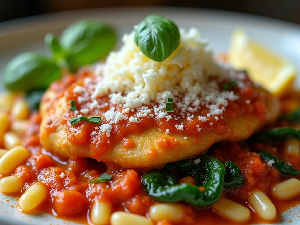 Parmesan, basil, and lemon garnish on Italian chicken and orzo