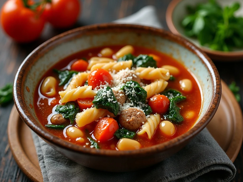 Hearty one-pot Italian pasta soup with sausage, beans, pasta, vegetables, and Parmesan