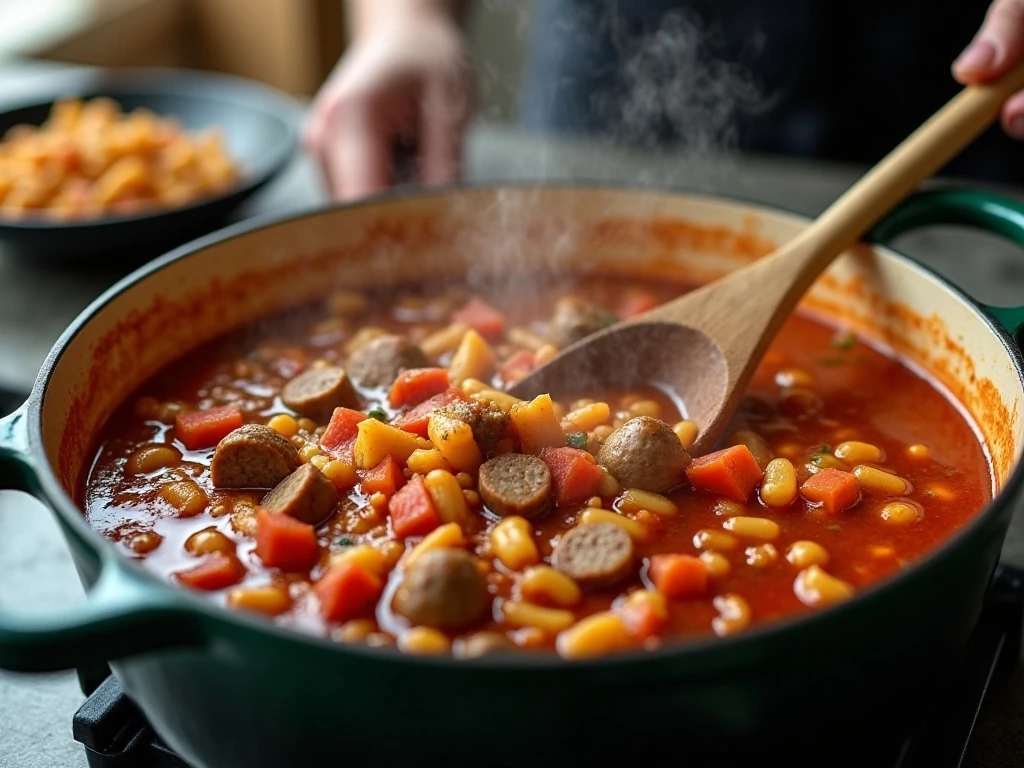 Italian pasta soup simmering in a Dutch oven during preparation