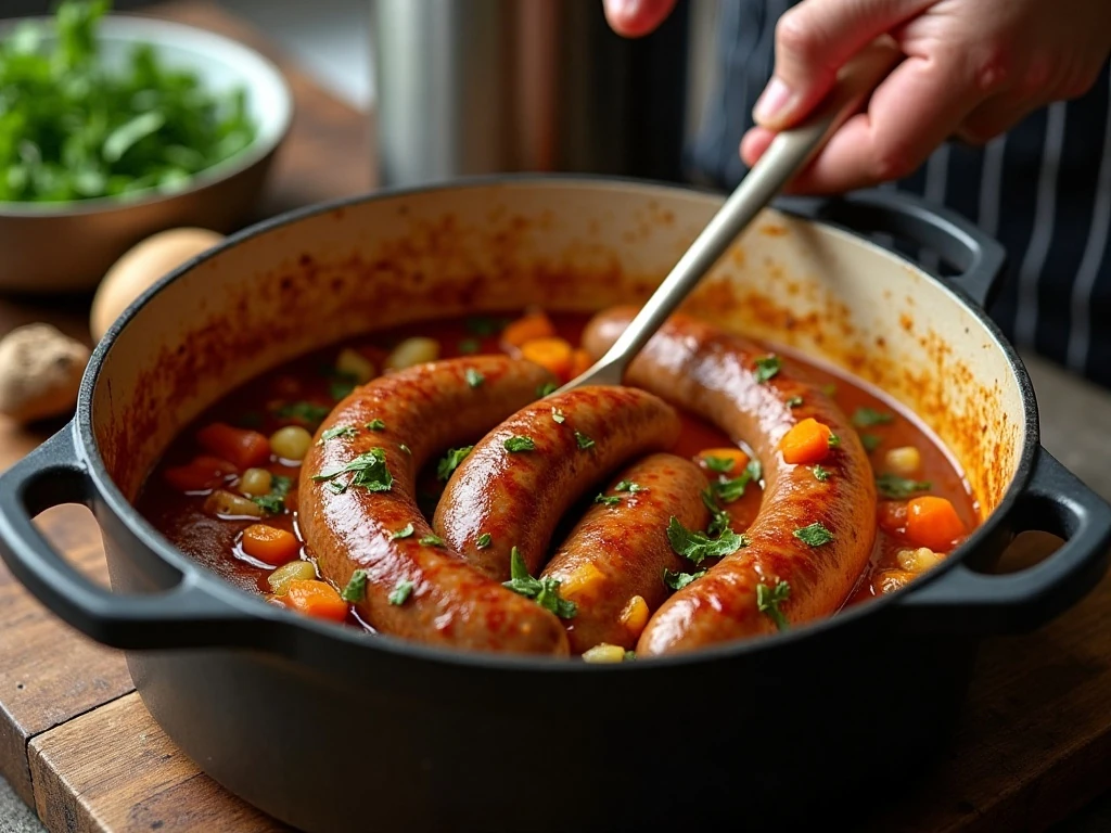 Browned sausage and vegetables forming the flavor base for Italian pasta soup