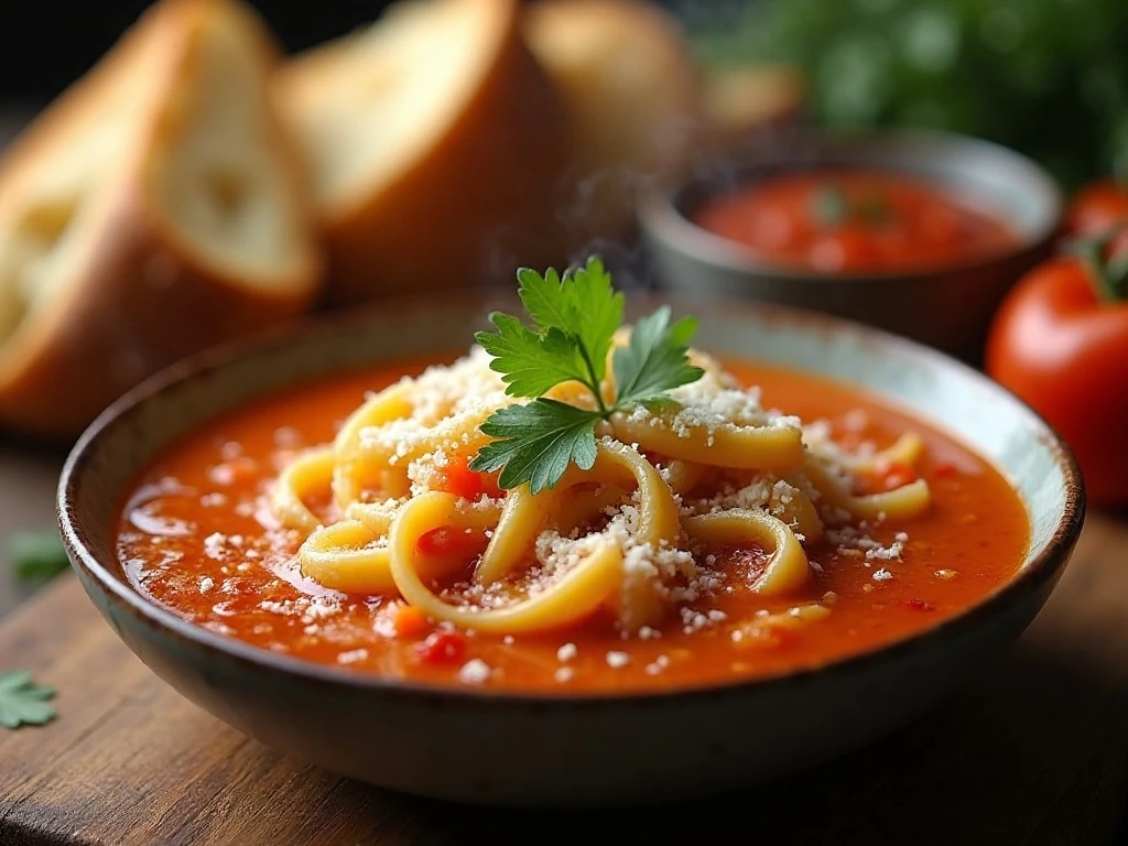Italian pasta soup garnished with Parmesan and parsley beside crusty bread
