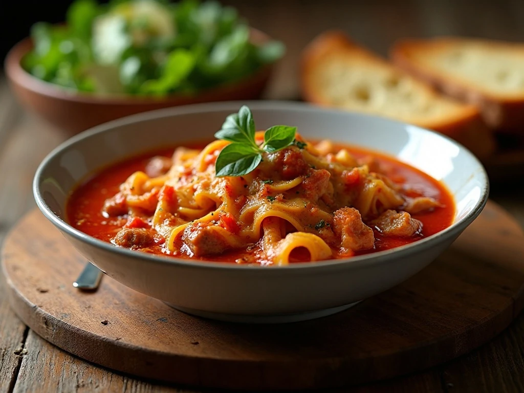 Bowl of hearty one-pot lasagna soup served with bread and salad