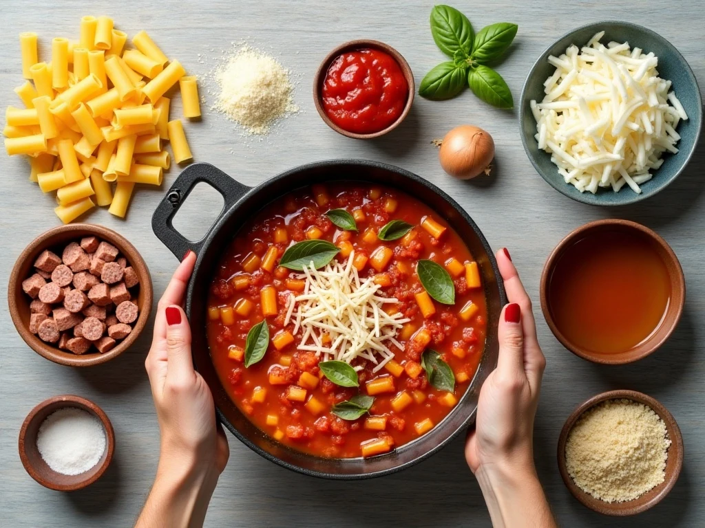 Ingredients for easy one-pot lasagna soup arranged on a counter