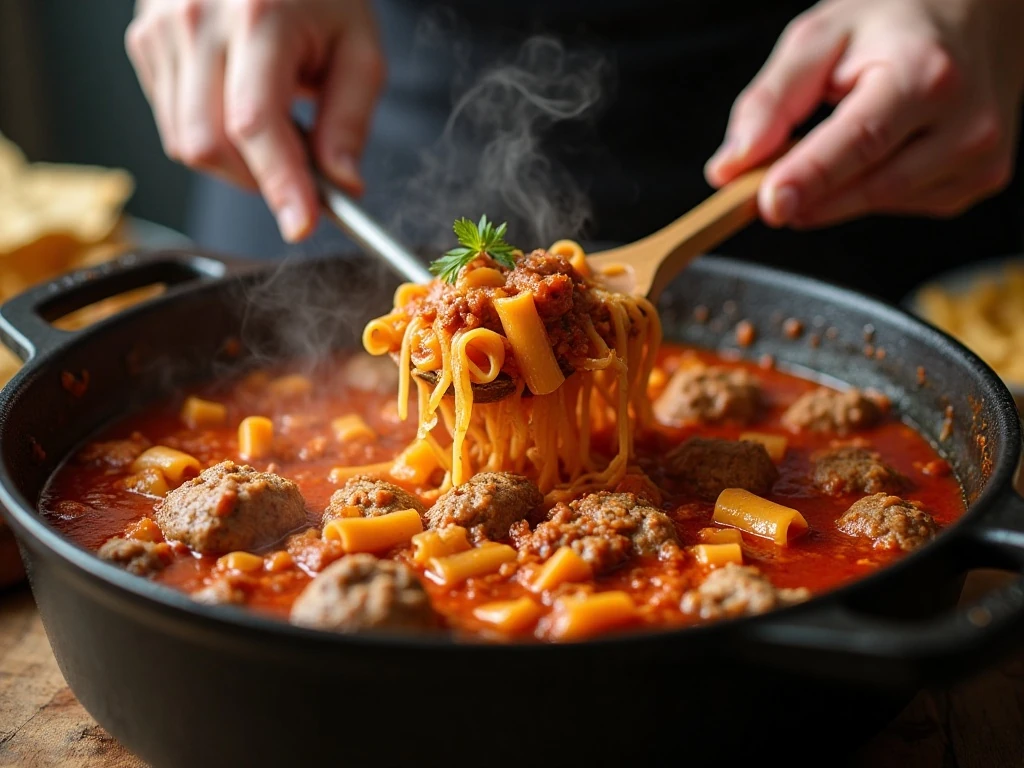 Lasagna noodles simmering with meat and tomato broth in one pot