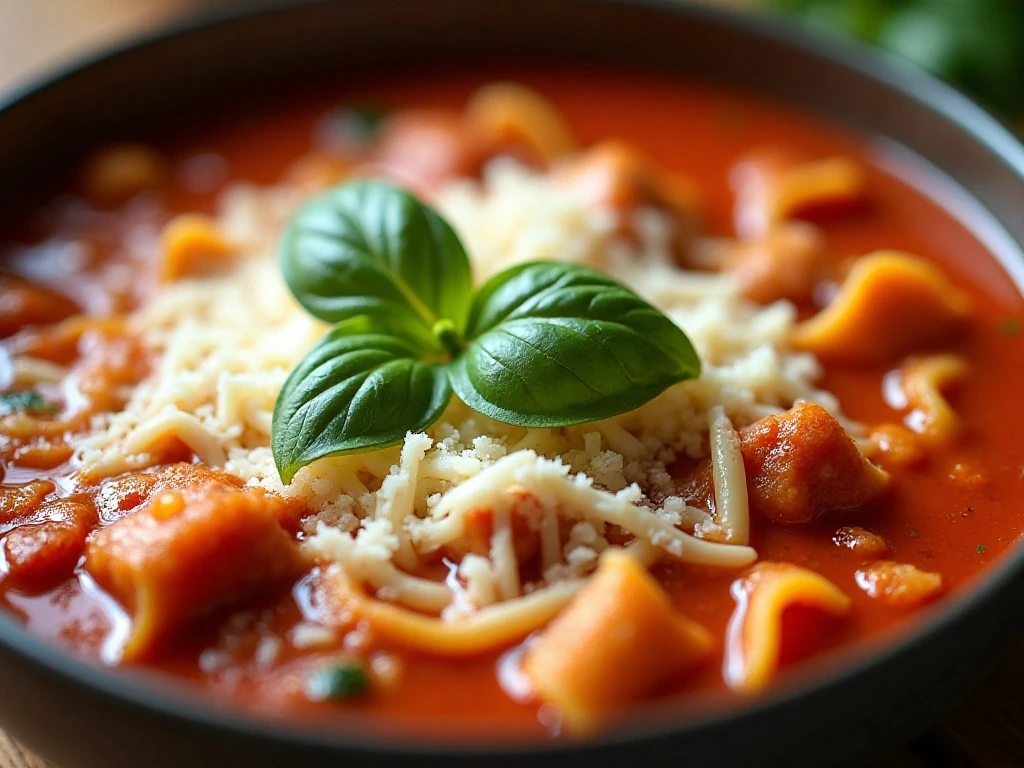 Close-up of ricotta mozzarella Parmesan and basil on lasagna soup