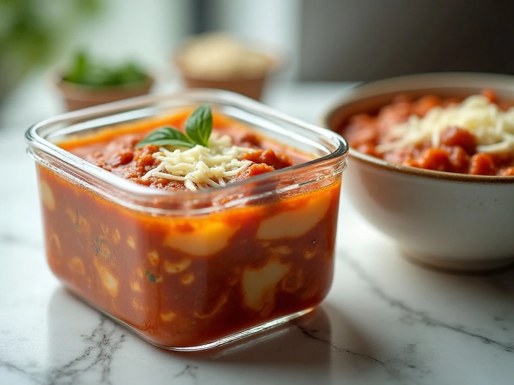 Lasagna soup portioned for storage and reheating
