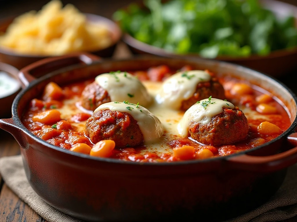 One-pot meatball casserole served in a Dutch oven with pasta, meatballs, tomato sauce, and melted cheese