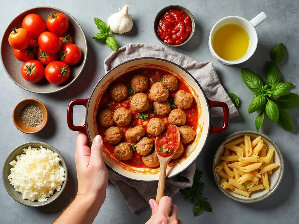 Ingredients for easy one-pot meatball casserole arranged on a kitchen counter