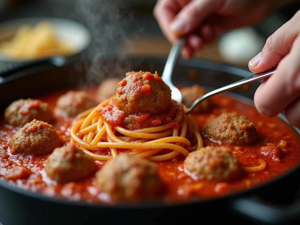 Pasta and meatballs simmering together in tomato sauce in one pot