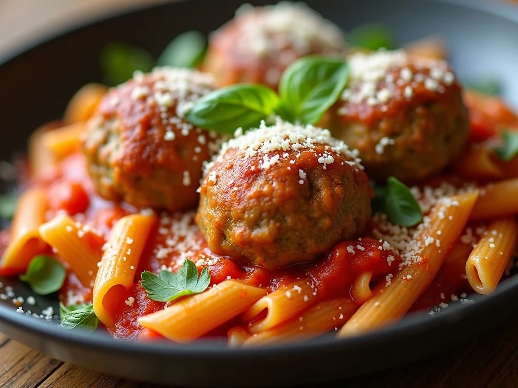Close-up of bubbling mozzarella, Parmesan, and fresh herbs on meatball casserole
