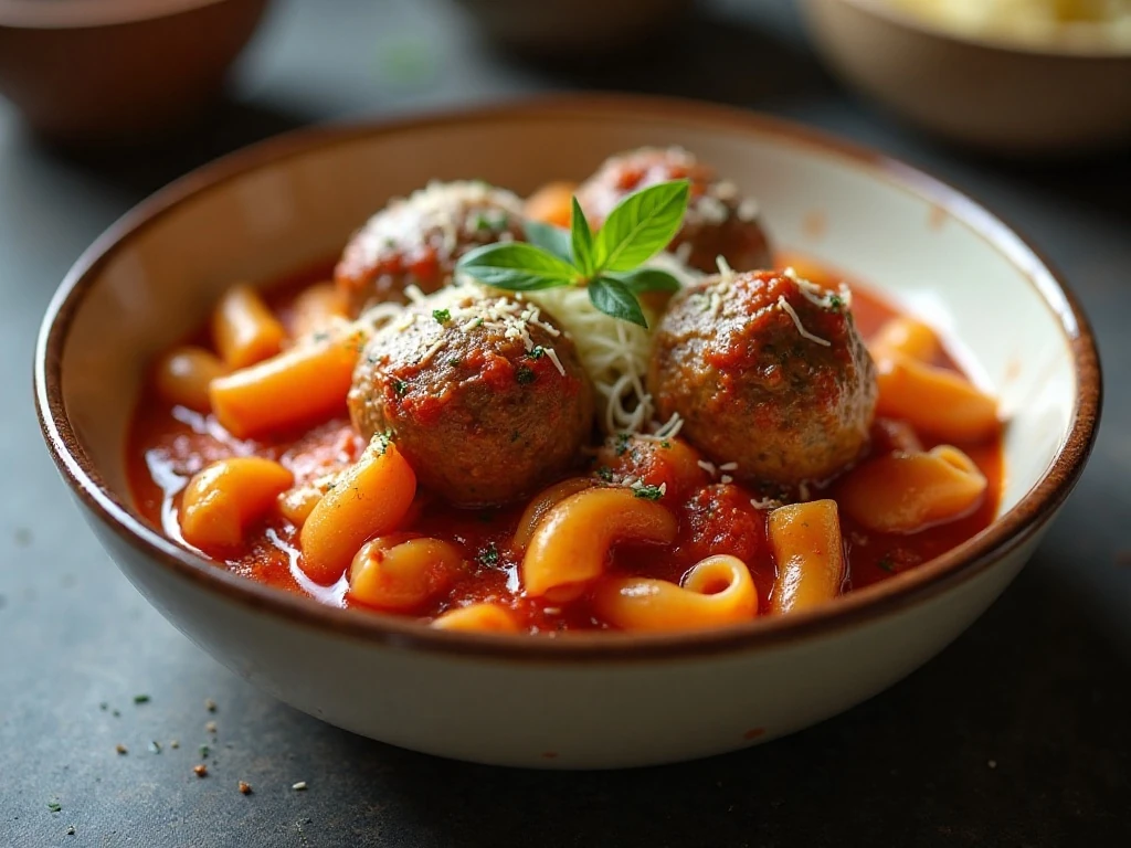 Reheated one-pot meatball casserole served with fresh herbs