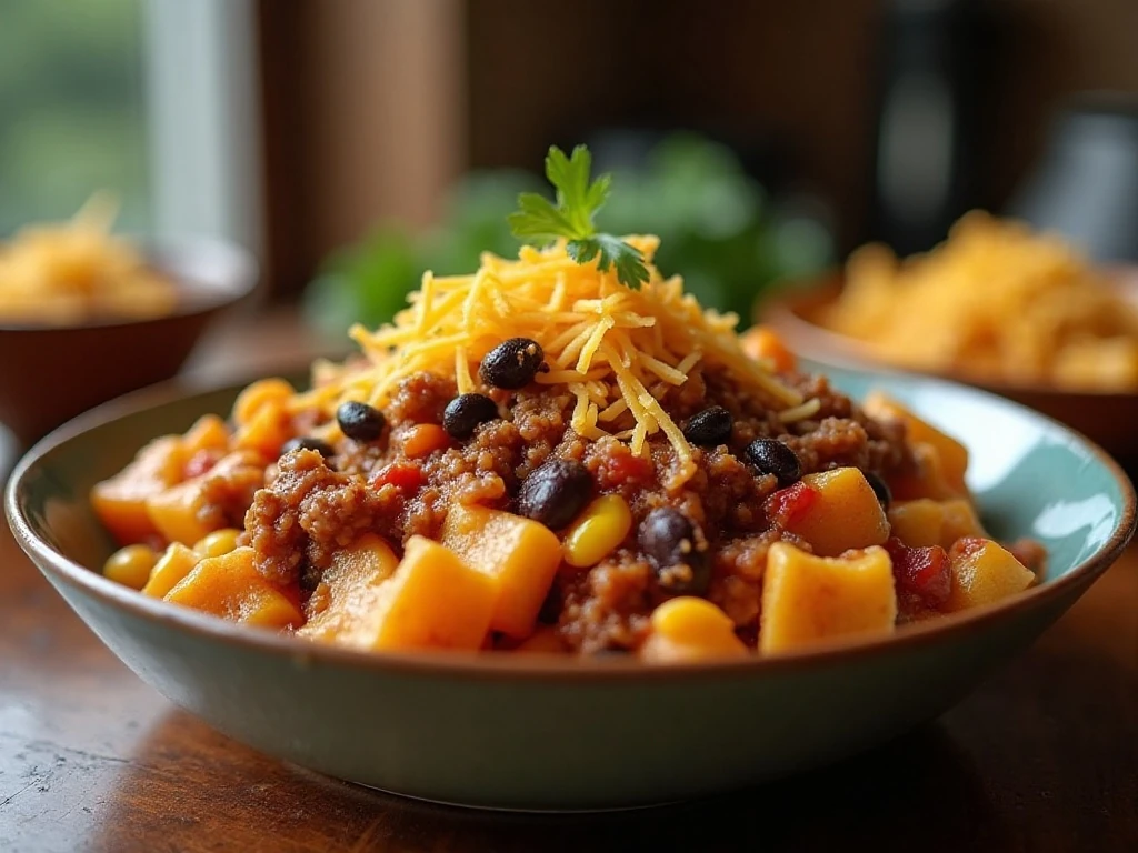 One-pot Mexicali bowtie pasta served in a bowl with cheese, beans, corn, and ground beef
