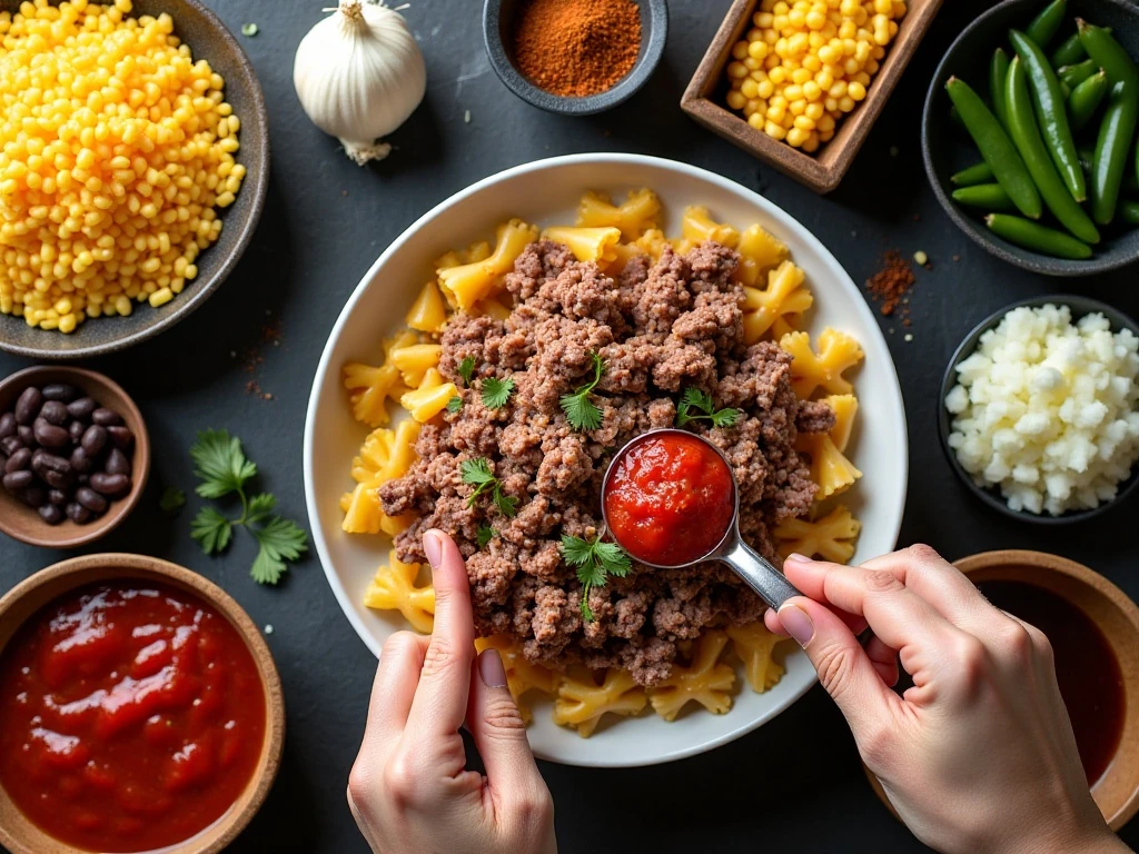 Ingredients for easy one-pot Mexicali bowtie pasta