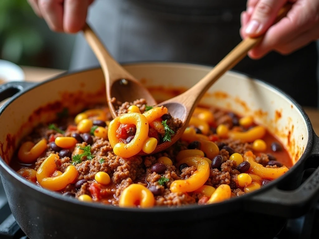 Stirring Mexicali bowtie pasta in a Dutch oven during the one-pot cooking process