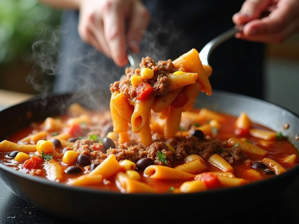 Farfalle pasta simmering with beef, tomatoes, beans, and corn in one pot
