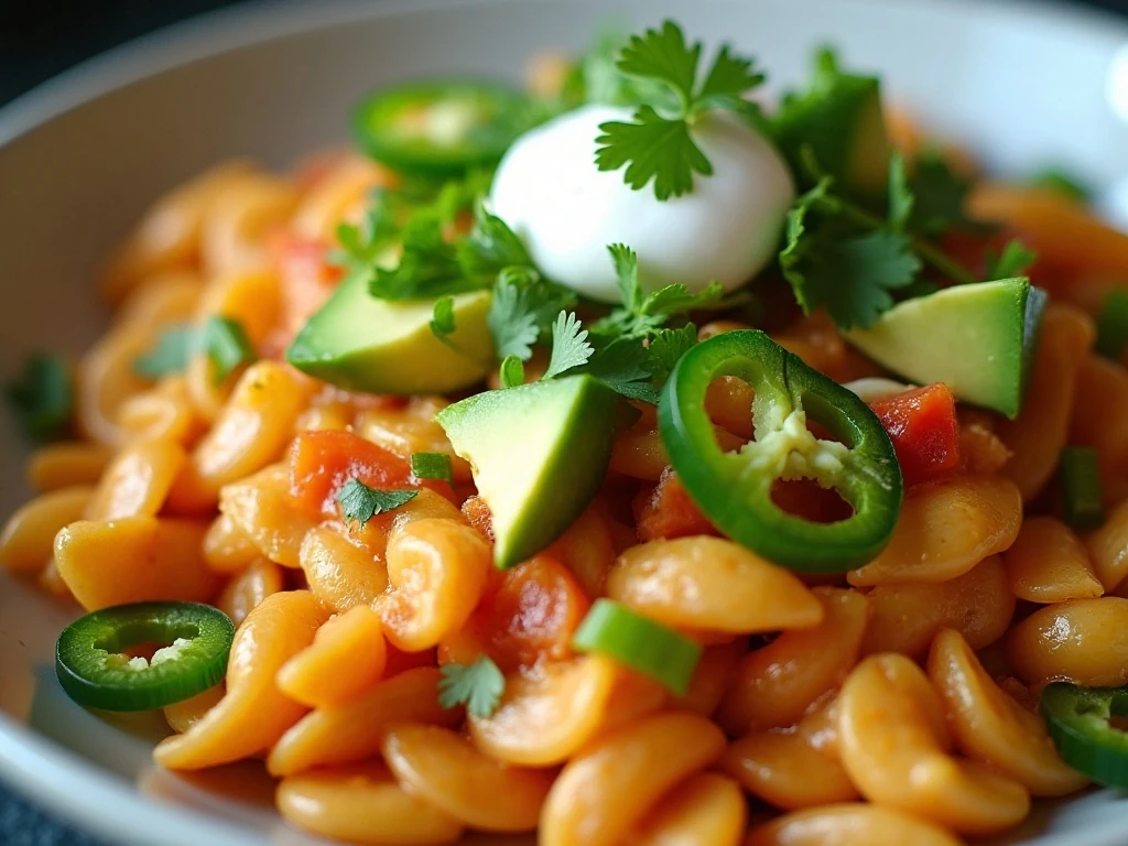 Mexicali bowtie pasta with cilantro, green onions, avocado, jalapenos, and sour cream