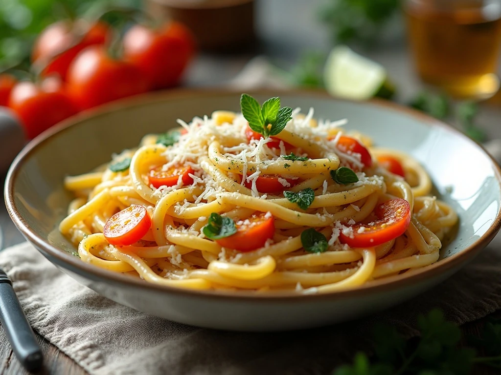 Creamy one-pot pasta primavera with colorful vegetables served for dinner