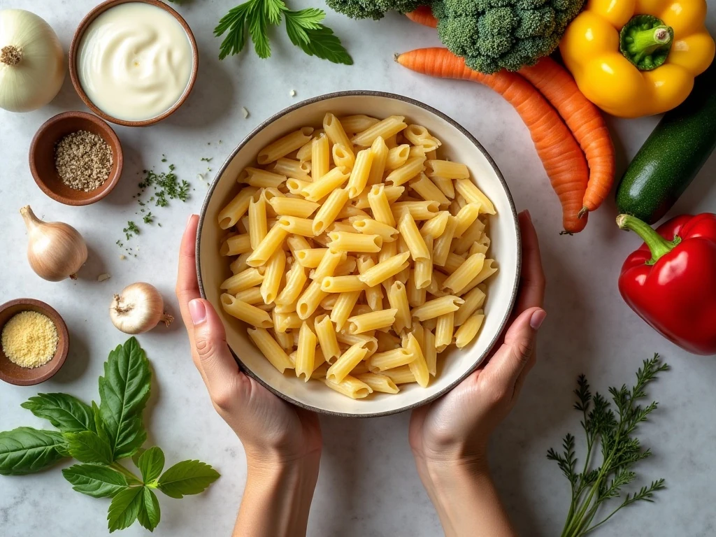 Ingredients for one-pot pasta primavera arranged on a counter