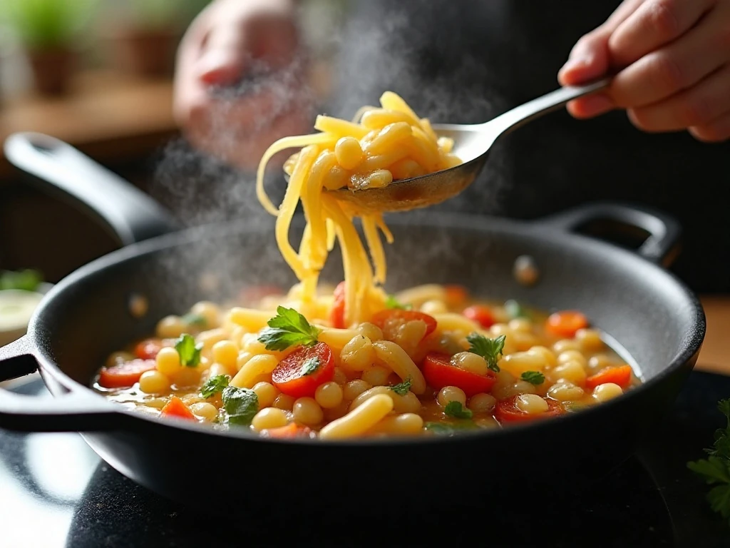 Vegetables and pasta cooking together in one deep skillet