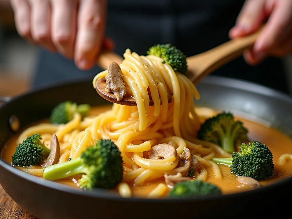 Pasta primavera being stirred to prevent sticking