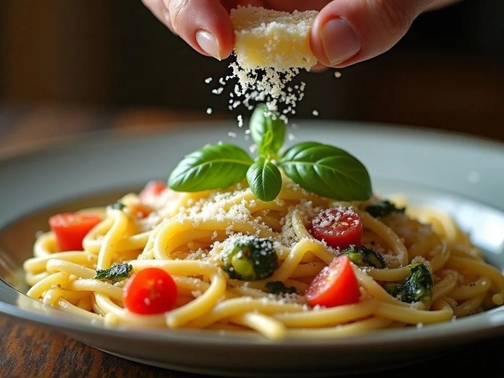 Parmesan and fresh herbs garnishing pasta primavera