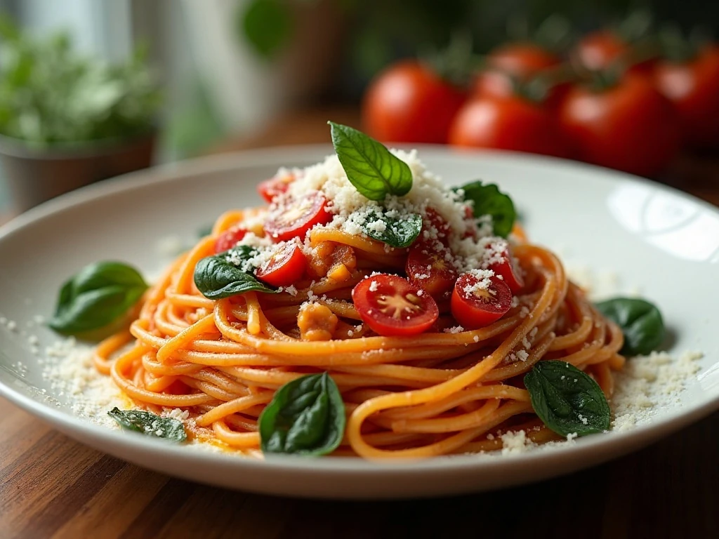 One-pot pasta with spinach and tomatoes served in a bowl