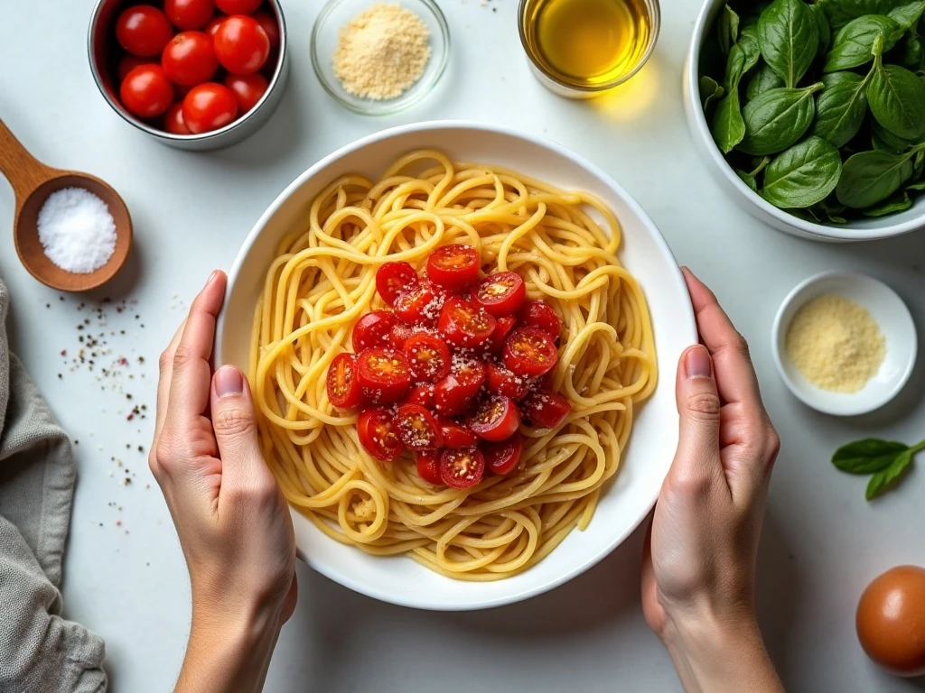 Ingredients for one-pot spinach and tomato pasta
