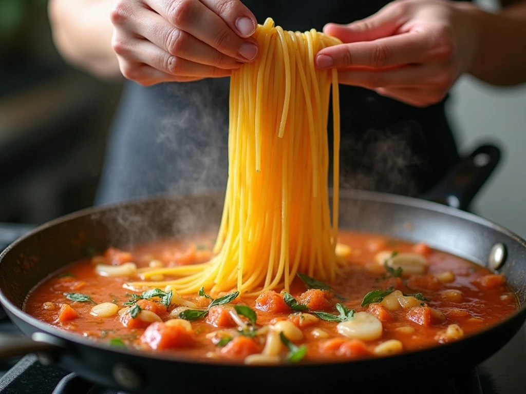Pasta simmering in tomato broth in one skillet