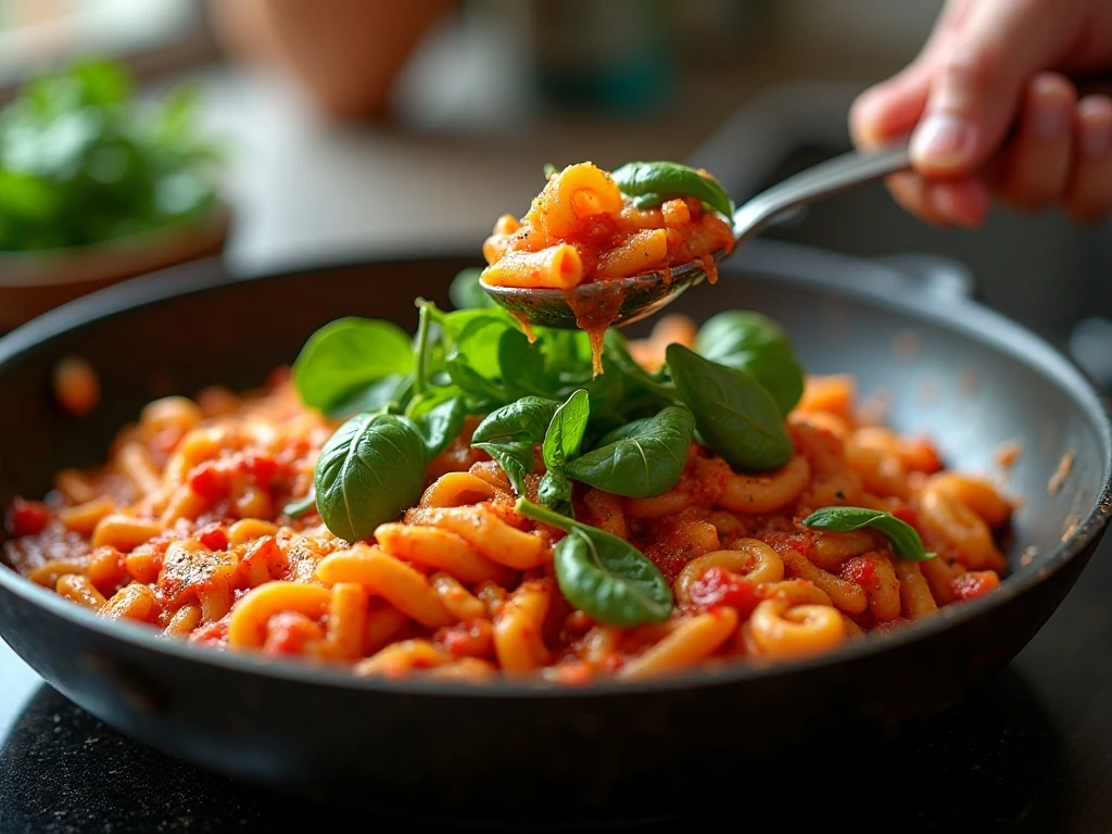 Spinach being stirred into one-pot tomato pasta