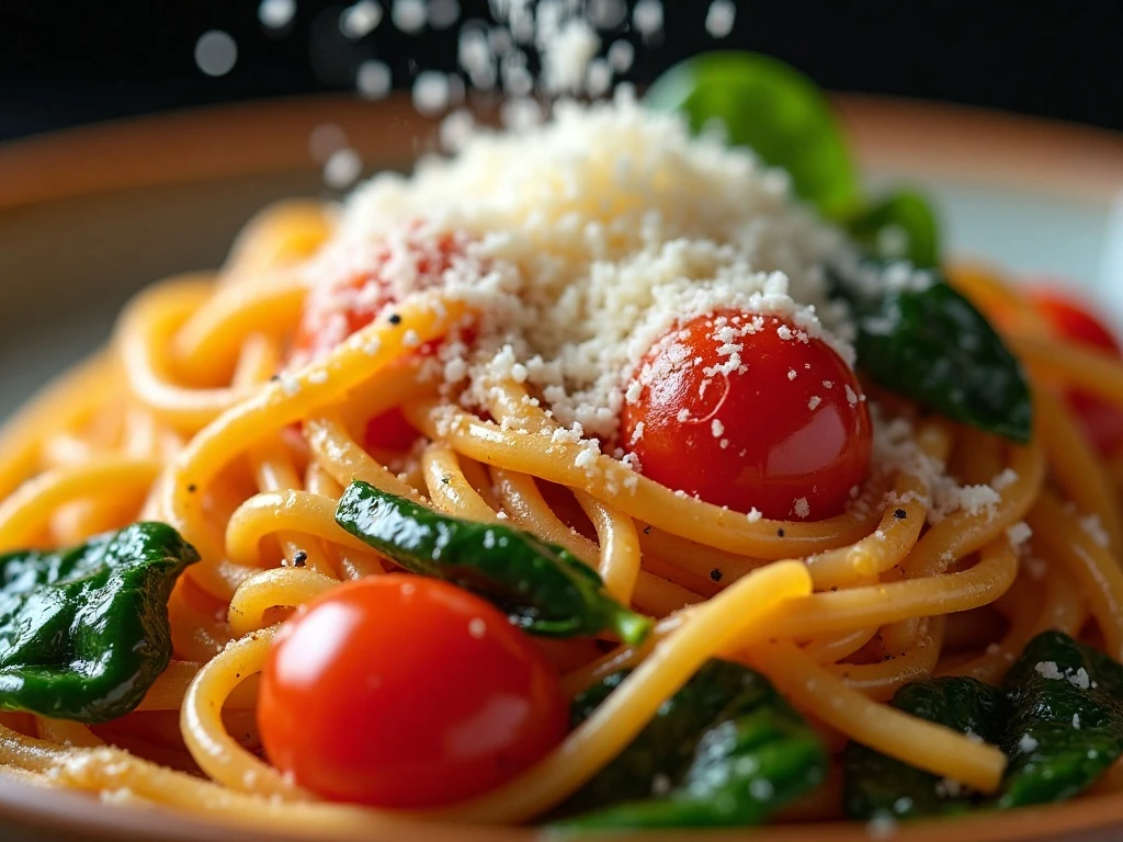 Parmesan garnish on spinach and tomato pasta