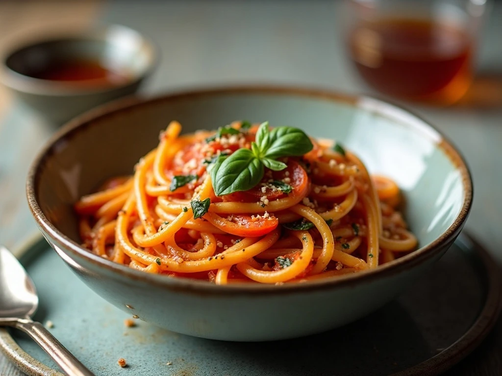 Stored and reheated one-pot pasta with spinach and tomatoes