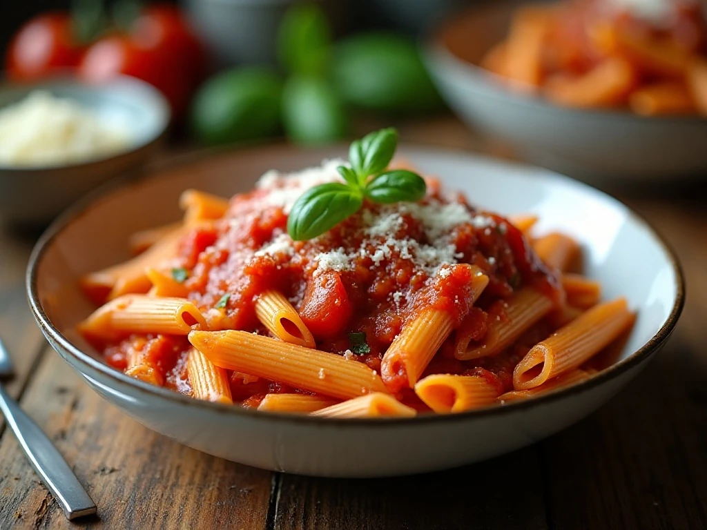 Bowl of glossy one-pot penne pomodoro with basil and Parmesan