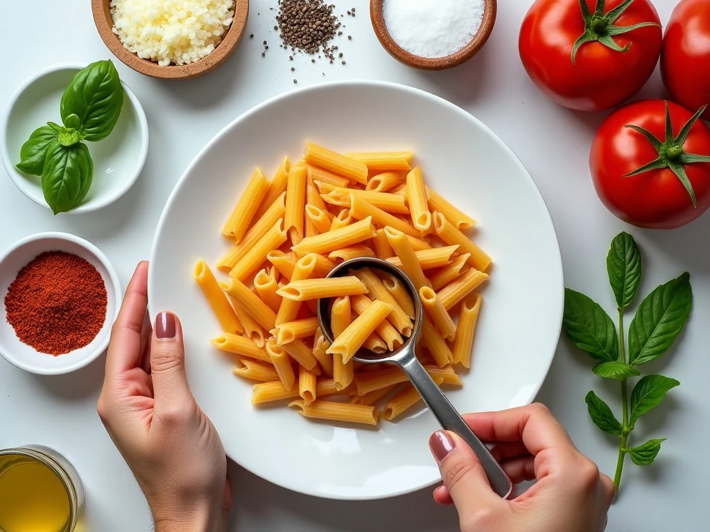 Ingredients for an easy one-pot penne pomodoro recipe