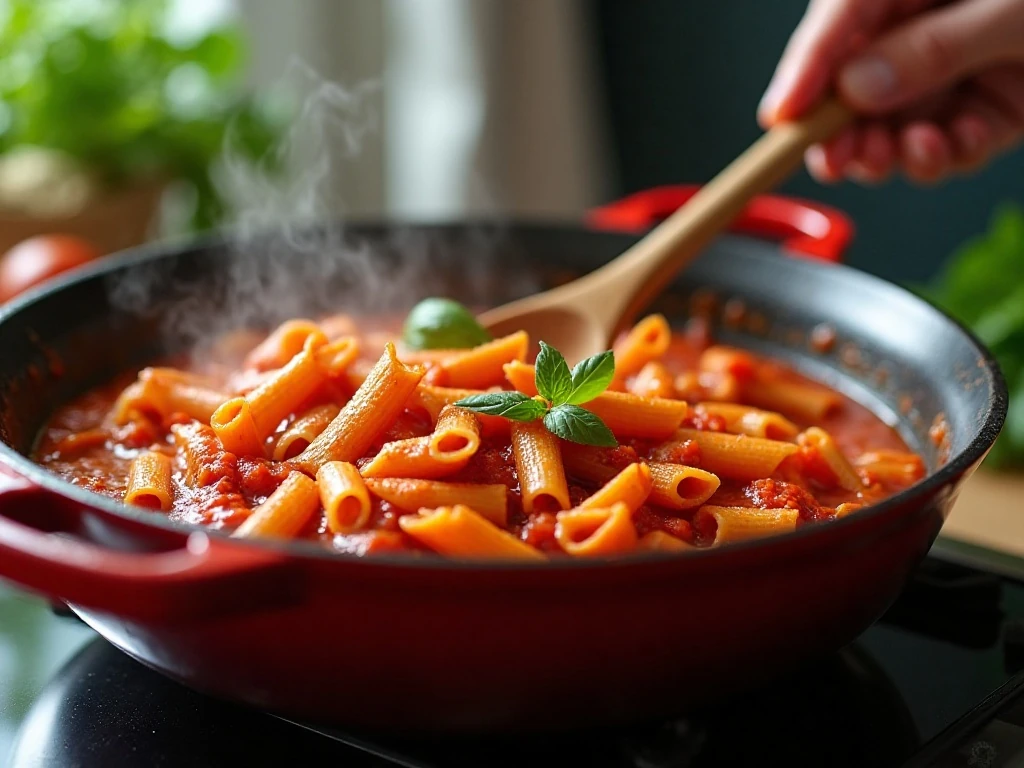 Penne simmering directly in tomato sauce in a Dutch oven