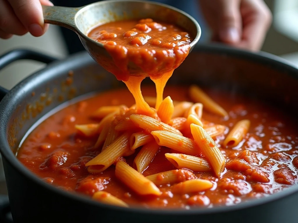 Stirring one-pot penne to keep the pasta from sticking