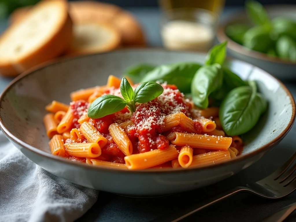 Penne pomodoro served with salad and crusty bread