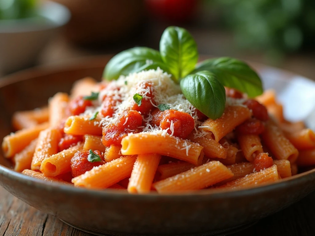 Reheated penne pomodoro with Parmesan and fresh basil
