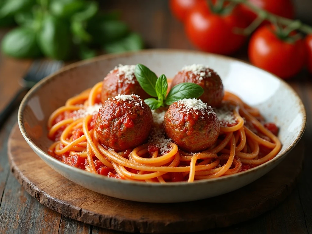 One-pot spaghetti and meatballs served with Parmesan and fresh basil