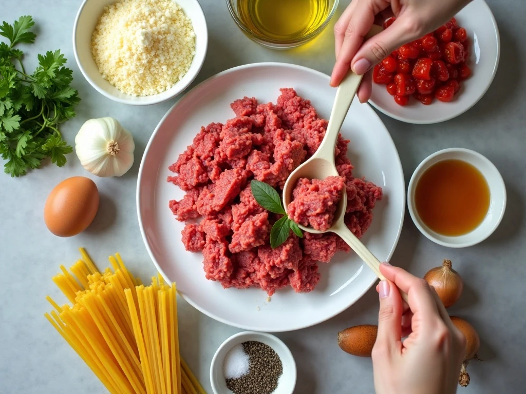 Ingredients for homemade one-pot spaghetti and meatballs