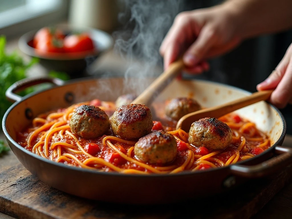 Spaghetti and meatballs simmering together in one pot