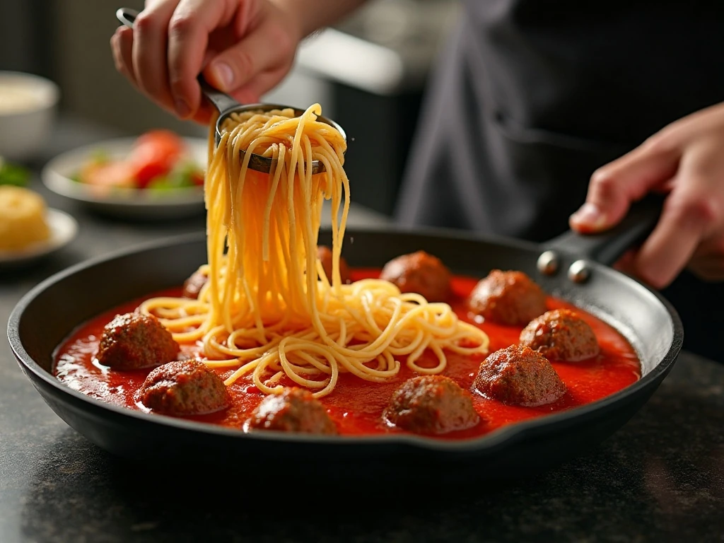 Stirring spaghetti and meatballs to prevent sticking