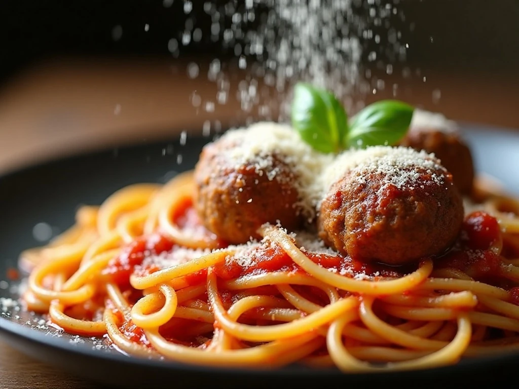 Parmesan and basil garnishing one-pot spaghetti and meatballs