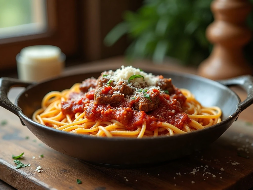 Bowl of easy one-pot spaghetti with meat sauce