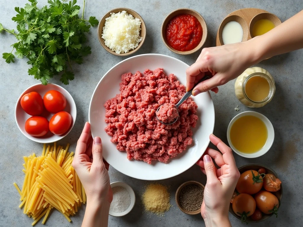 Ingredients for one-pot spaghetti with meat sauce