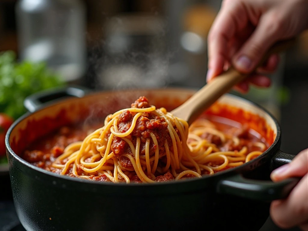 Spaghetti and meat sauce simmering in one pot