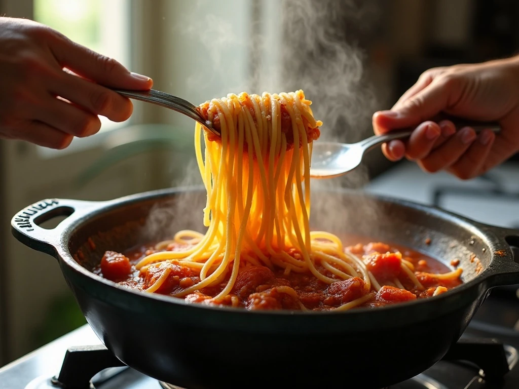 One-pot spaghetti being stirred as it cooks