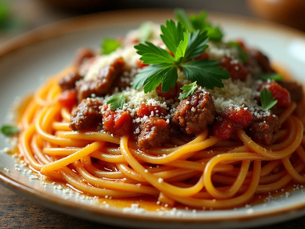 Parmesan and parsley garnish on spaghetti with meat sauce